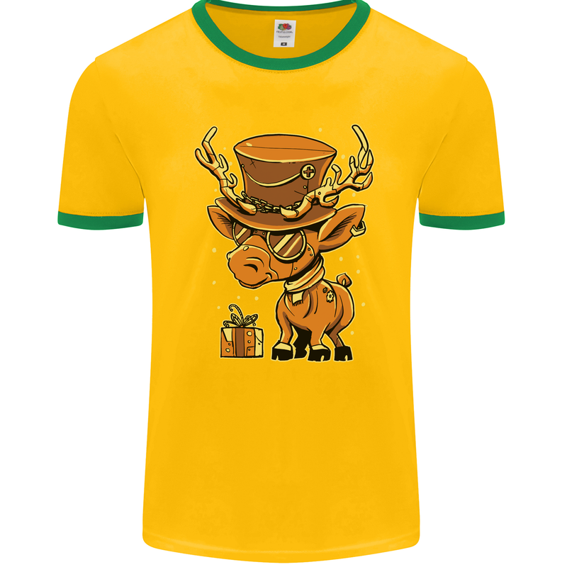 Steampunk Reindeer Funny Christmas Mens Ringer T-Shirt FotL Gold/Green