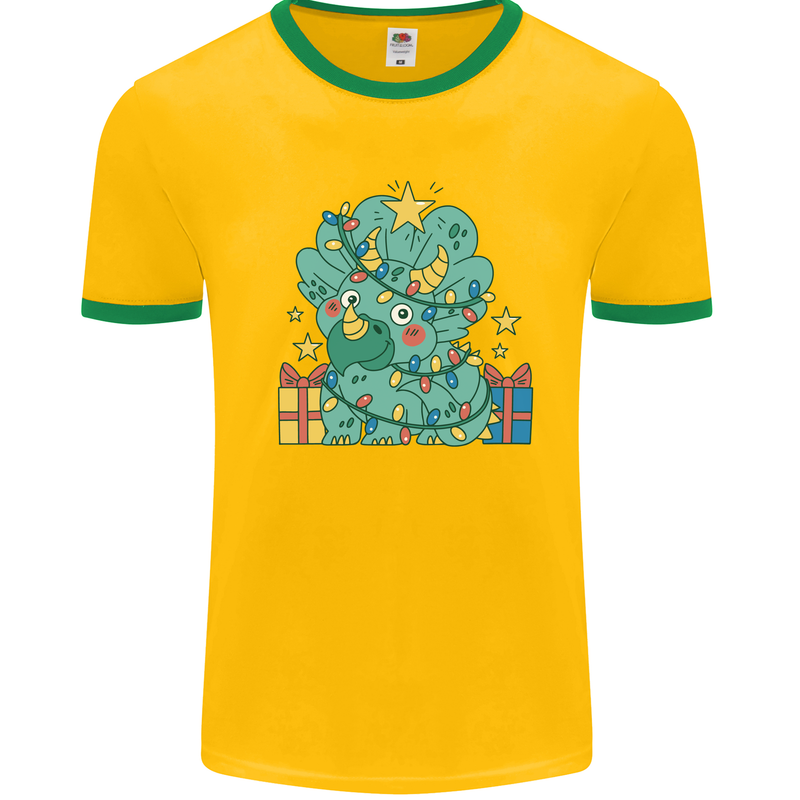 Dinosaur Triceratops Funny Christmas Tree Mens White Ringer T-Shirt Gold/Green