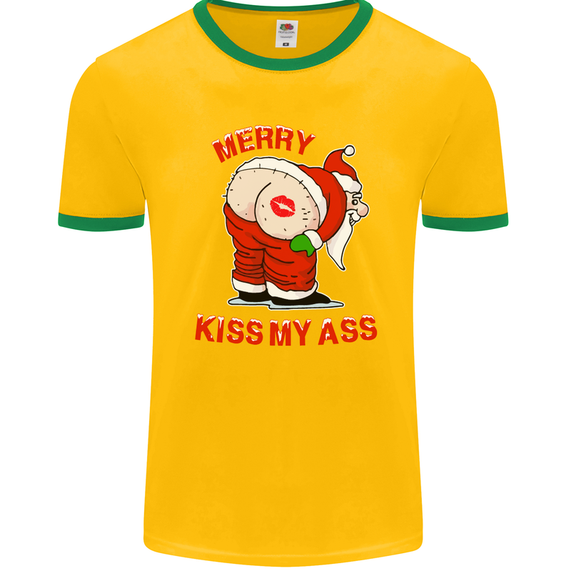 Merry Kiss My Ass Funny Christmas Mens Ringer T-Shirt FotL Gold/Green