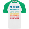 60th Birthday 60 Year Old Mens S/S Baseball T-Shirt White/Green