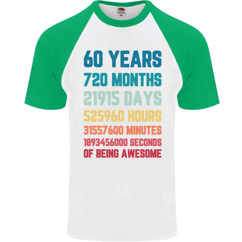 60th Birthday 60 Year Old Mens S/S Baseball T-Shirt White/Green