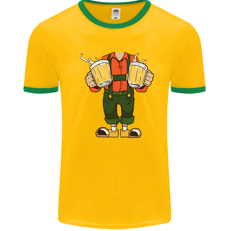 Octoberfest Man With Beer Mens White Ringer T-Shirt Gold/Green