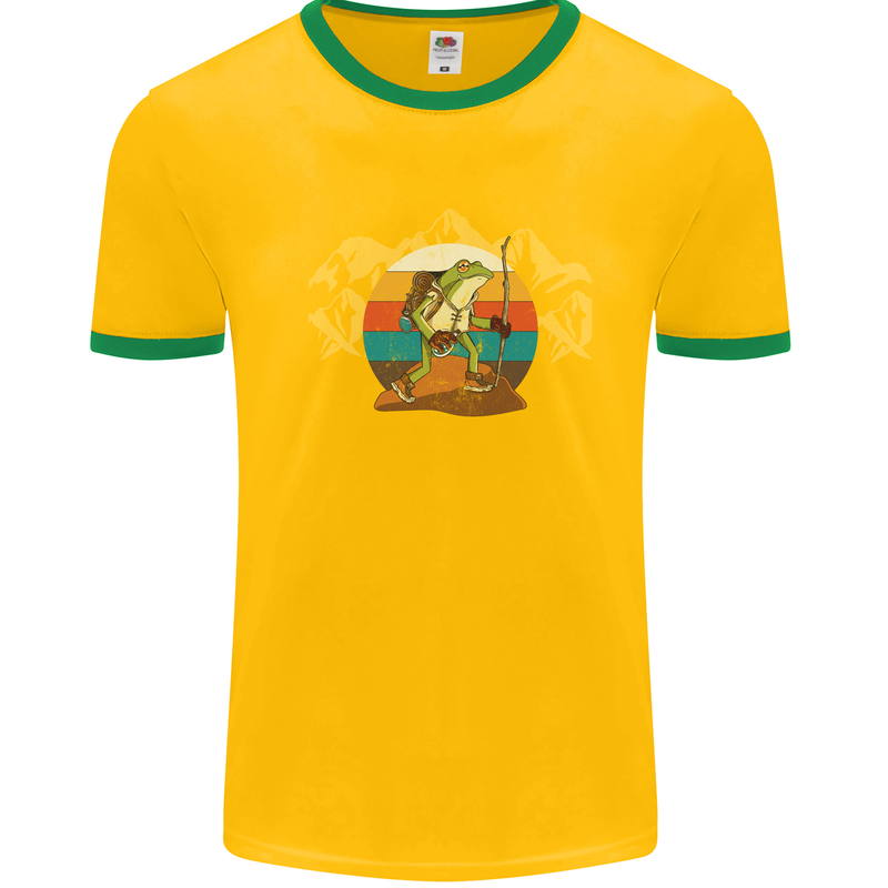 A Frog Hiking in the Mountains Trekking Mens White Ringer T-Shirt Gold/Green