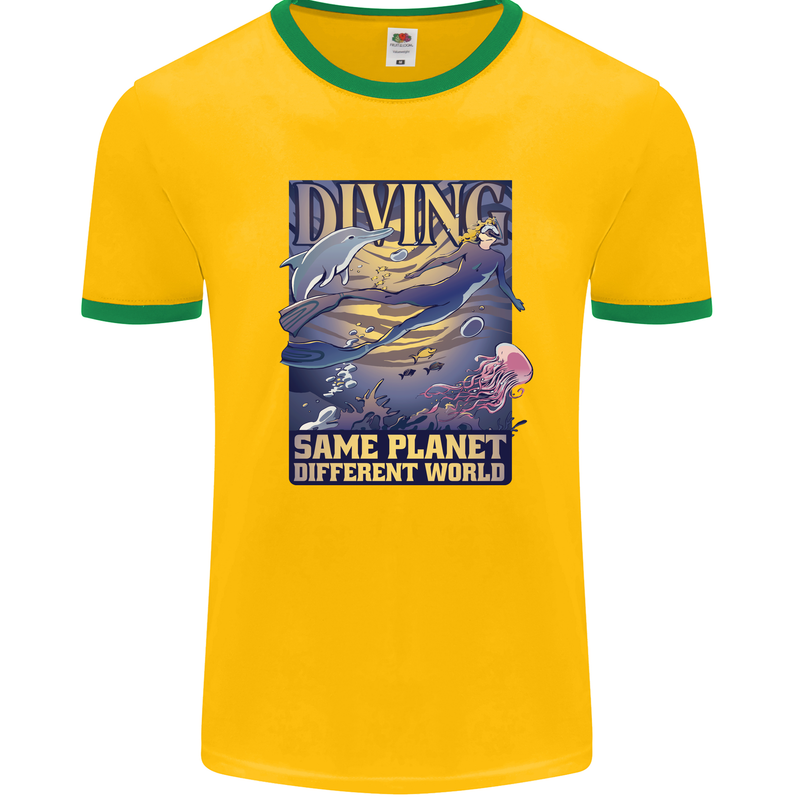 Diver Same Planet Different World Mens White Ringer T-Shirt Gold/Green