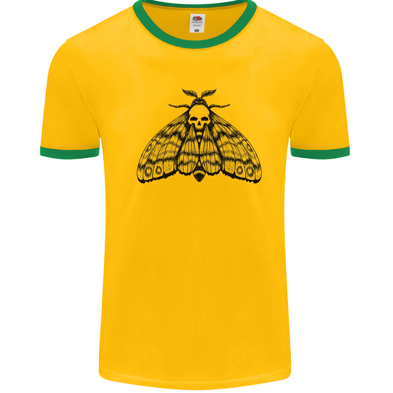 A Gothic Moth Skull Mens White Ringer T-Shirt Gold/Green