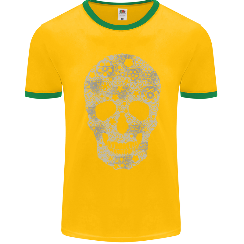 Gear Skull Biker Motorcycle Motorbike Cars Mens Ringer T-Shirt FotL Gold/Green