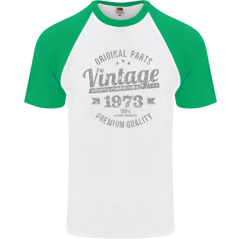 Vintage Year 50th Birthday 1973 Mens S/S Baseball T-Shirt White/Green