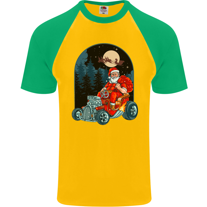 Hot Rod Santa Clause Hotrod Christmas Mens S/S Baseball T-Shirt Gold/Green