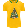 Cat Christmas Tree Mens White Ringer T-Shirt Gold/Green