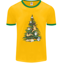Cat Christmas Tree Mens White Ringer T-Shirt Gold/Green