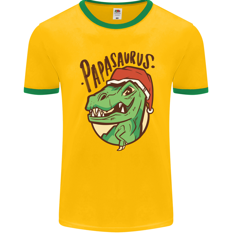 Christmas Papasaurus T-Rex Dinosaur Mens Ringer T-Shirt FotL Gold/Green