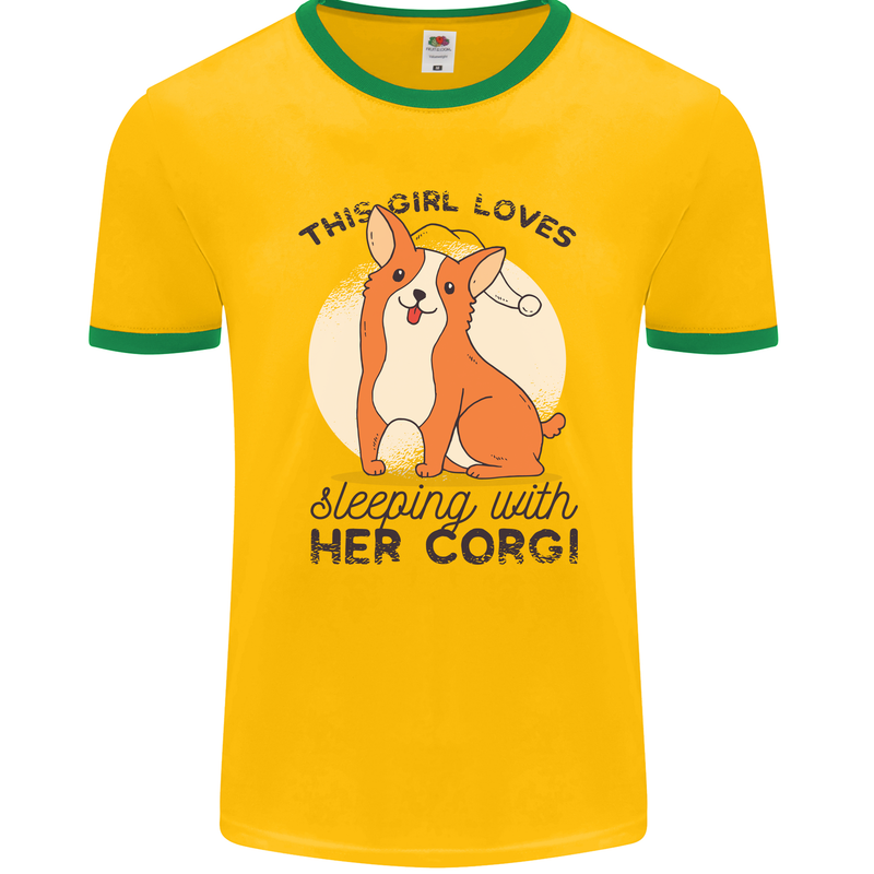 Sleeping With Her Corgi Funny Mens Ringer T-Shirt FotL Gold/Green