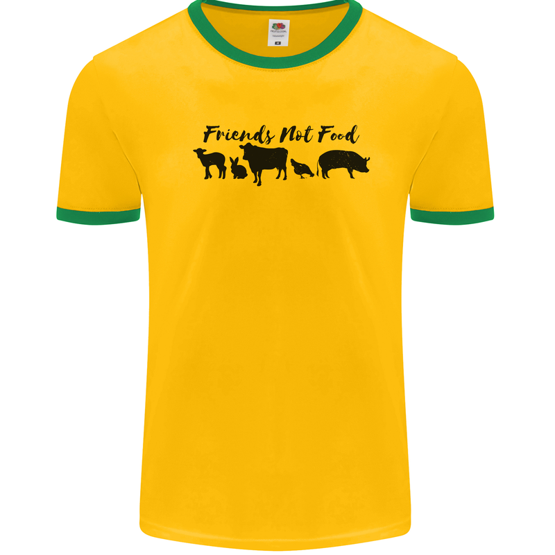 Vegetarian Animals Friends Not Food Vegan Mens White Ringer T-Shirt Gold/Green