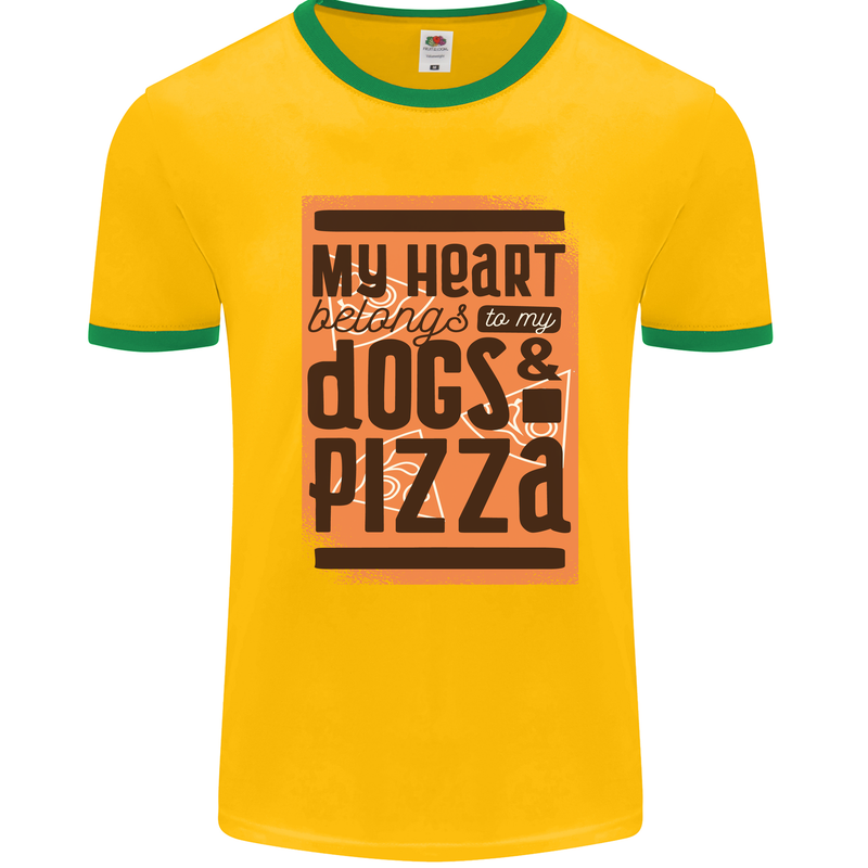 My Heart Belongs to Dogs & Pizza Funny Mens White Ringer T-Shirt Gold/Green