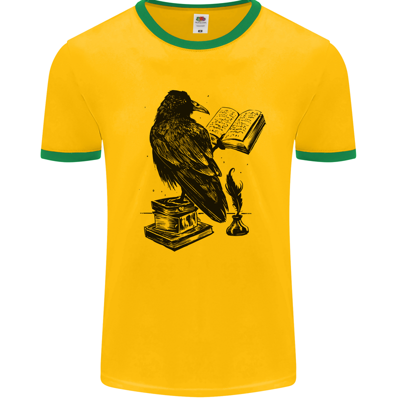 A Raven Reading a Book Literature Mens White Ringer T-Shirt Gold/Green