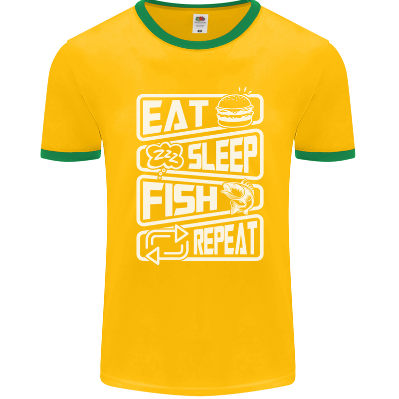 Eat Sleep Fish Funny Fishing Fisherman Mens Ringer T-Shirt FotL Gold/Green