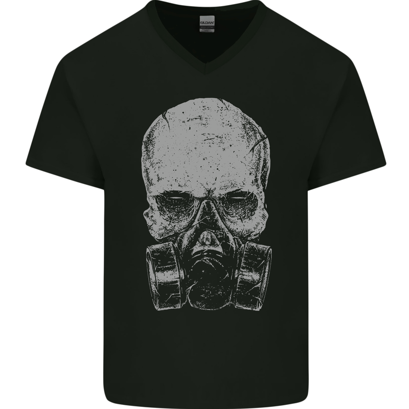 Grey Skull Gas Mask Biker Gothic Mens V-Neck Cotton T-Shirt Black