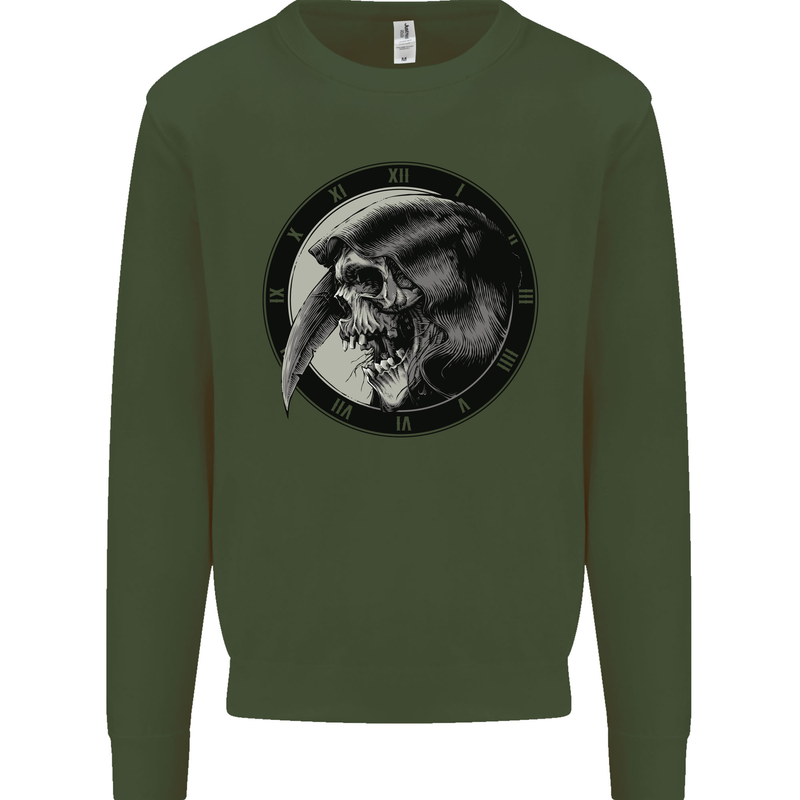 Grim Reaper Clock Skull Biker Gothic Demon Kids Sweatshirt Jumper Forest Green