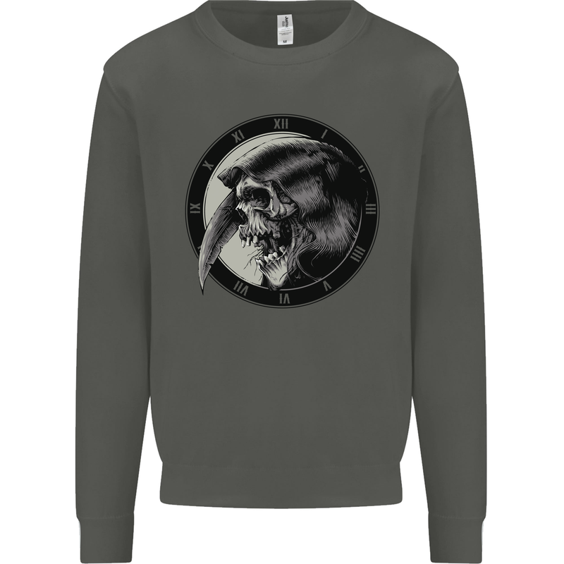Grim Reaper Clock Skull Biker Gothic Demon Kids Sweatshirt Jumper Storm Grey