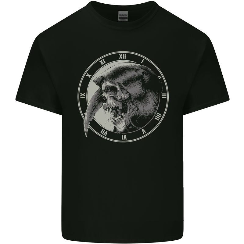 Grim Reaper Clock Skull Biker Gothic Demon Kids T-Shirt Childrens Black