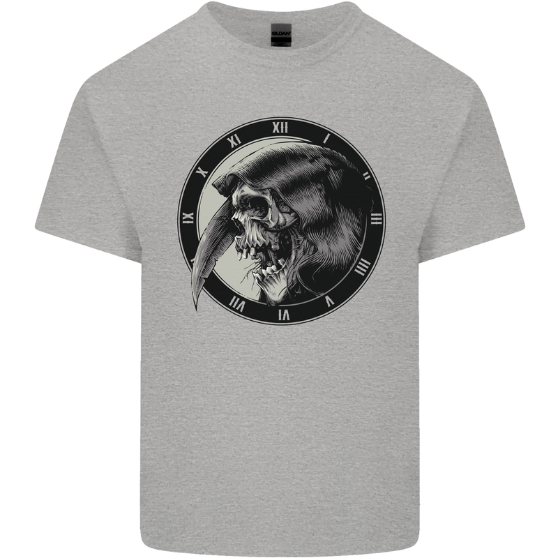 Grim Reaper Clock Skull Biker Gothic Demon Kids T-Shirt Childrens Sports Grey