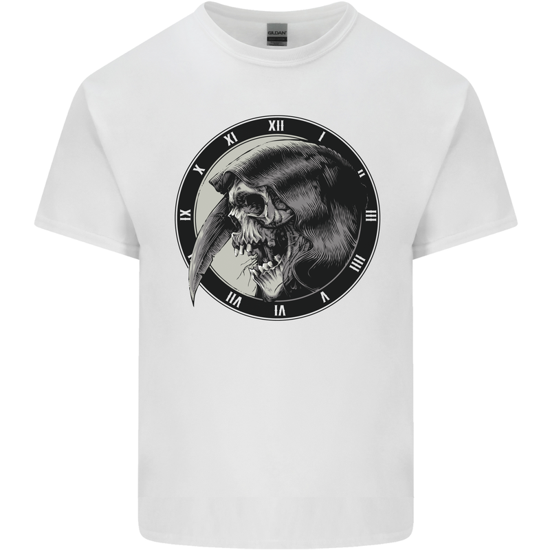 Grim Reaper Clock Skull Biker Gothic Demon Kids T-Shirt Childrens White