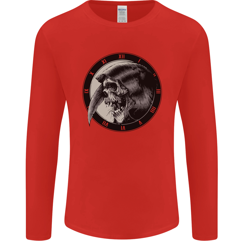 Grim Reaper Clock Skull Biker Gothic Demon Mens Long Sleeve T-Shirt Red