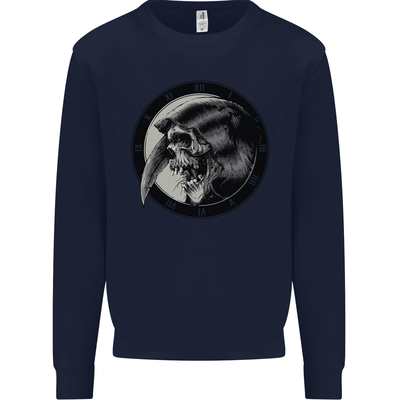 Grim Reaper Clock Skull Biker Gothic Demon Mens Sweatshirt Jumper Navy Blue