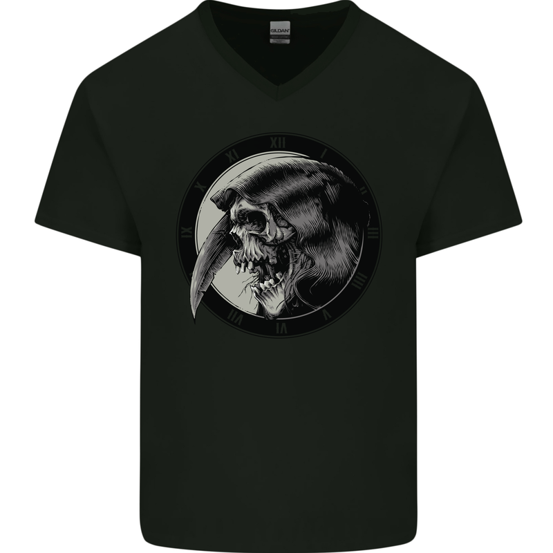 Grim Reaper Clock Skull Biker Gothic Demon Mens V-Neck Cotton T-Shirt Black
