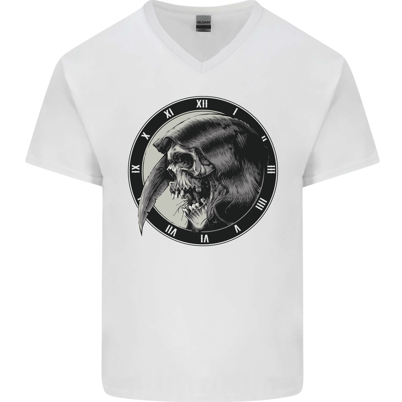 Grim Reaper Clock Skull Biker Gothic Demon Mens V-Neck Cotton T-Shirt White
