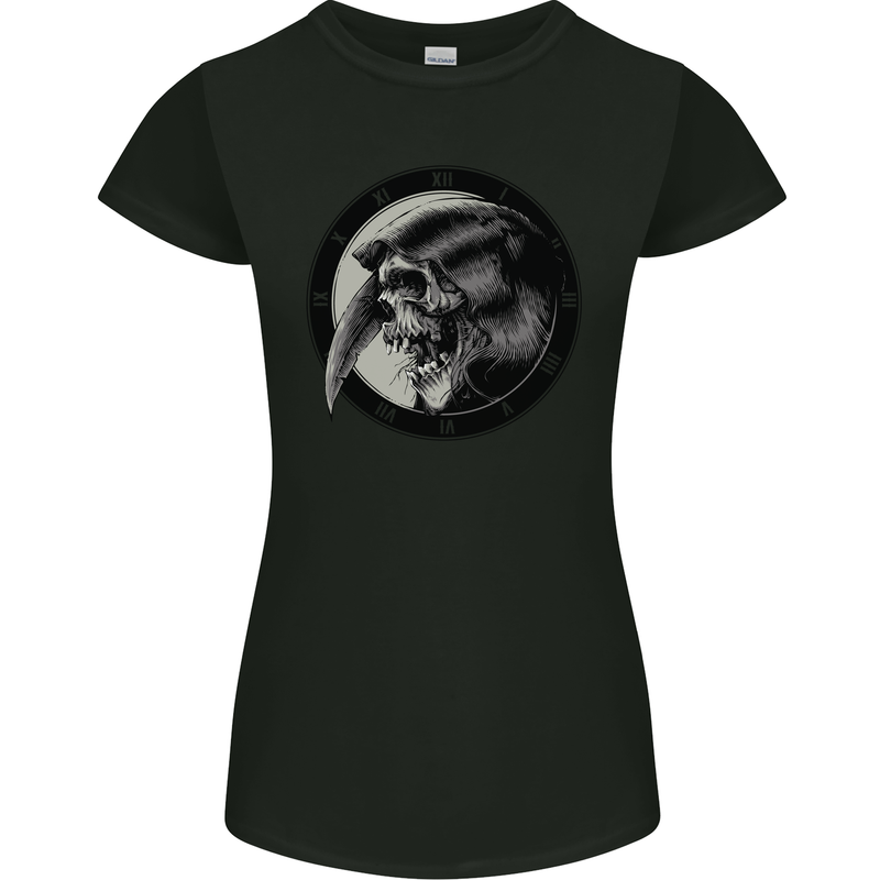 Grim Reaper Clock Skull Biker Gothic Demon Womens Petite Cut T-Shirt Black