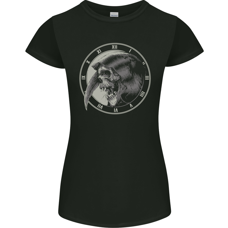 Grim Reaper Clock Skull Biker Gothic Demon Womens Petite Cut T-Shirt Black