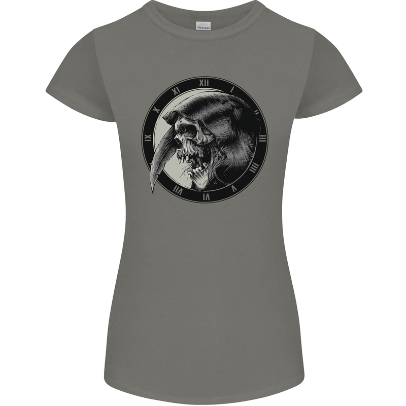 Grim Reaper Clock Skull Biker Gothic Demon Womens Petite Cut T-Shirt Charcoal