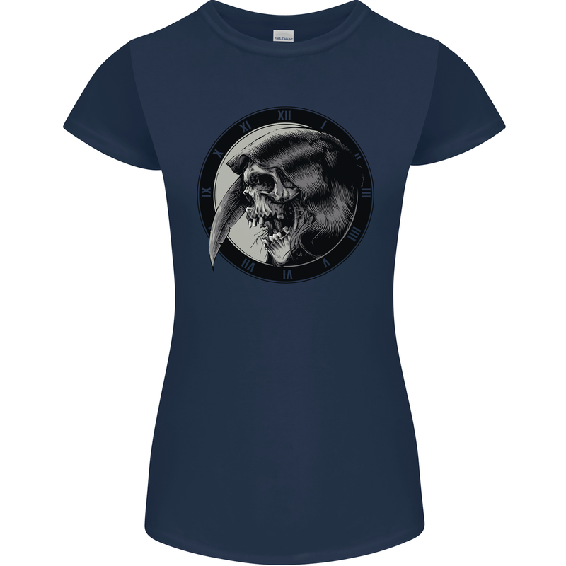Grim Reaper Clock Skull Biker Gothic Demon Womens Petite Cut T-Shirt Navy Blue