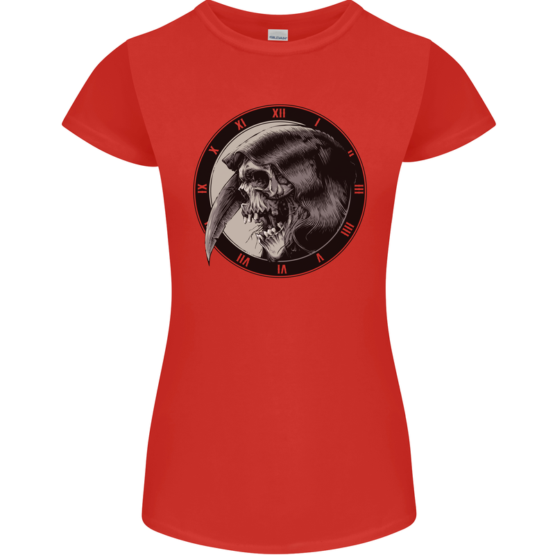 Grim Reaper Clock Skull Biker Gothic Demon Womens Petite Cut T-Shirt Red