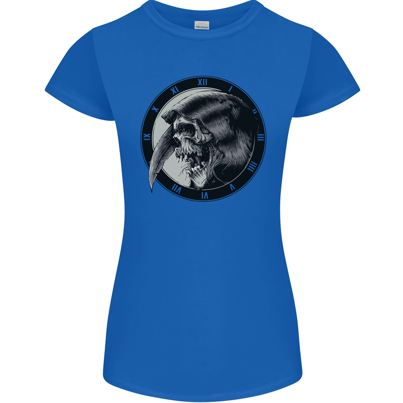 Grim Reaper Clock Skull Biker Gothic Demon Womens Petite Cut T-Shirt Royal Blue