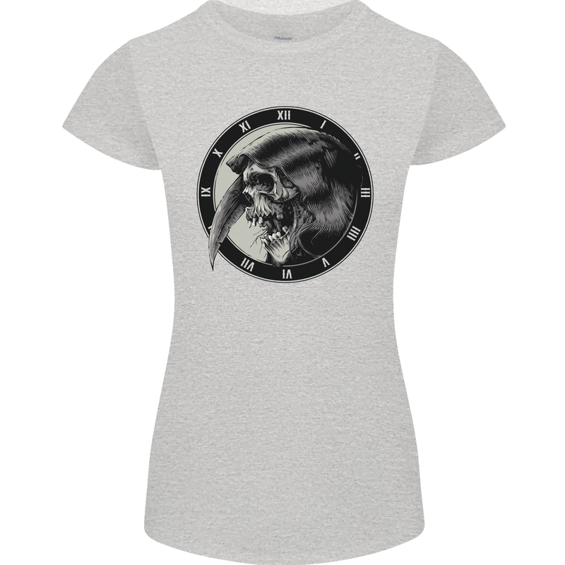 Grim Reaper Clock Skull Biker Gothic Demon Womens Petite Cut T-Shirt Sports Grey