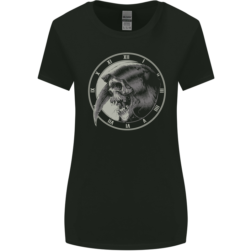 Grim Reaper Clock Skull Biker Gothic Demon Womens Wider Cut T-Shirt Black