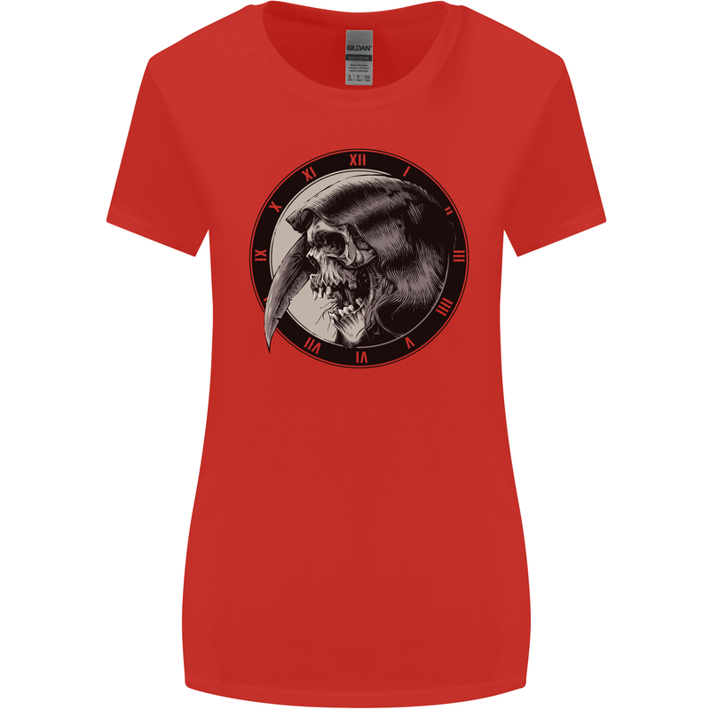 Grim Reaper Clock Skull Biker Gothic Demon Womens Wider Cut T-Shirt Red