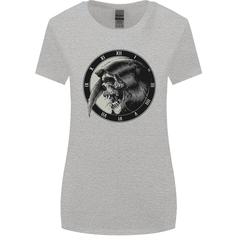 Grim Reaper Clock Skull Biker Gothic Demon Womens Wider Cut T-Shirt Sports Grey