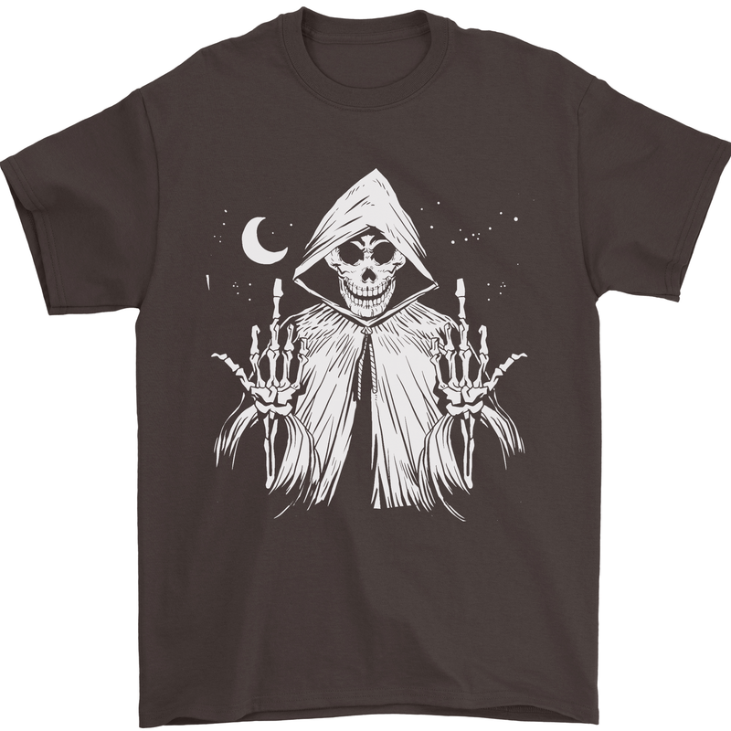 Grim Reaper Finger Flip Skull Biker Funny Mens T-Shirt Cotton Gildan Dark Chocolate