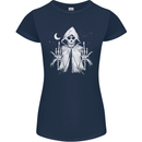 Grim Reaper Finger Flip Skull Biker Funny Womens Petite Cut T-Shirt Navy Blue