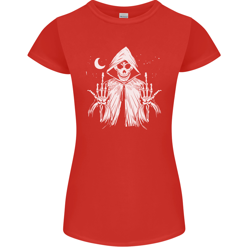 Grim Reaper Finger Flip Skull Biker Funny Womens Petite Cut T-Shirt Red