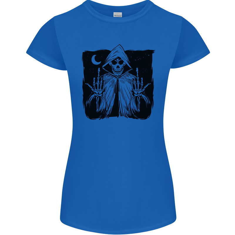 Grim Reaper Finger Flip Skull Biker Funny Womens Petite Cut T-Shirt Royal Blue