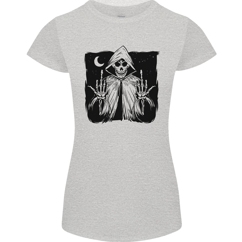 Grim Reaper Finger Flip Skull Biker Funny Womens Petite Cut T-Shirt Sports Grey