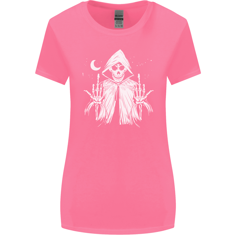 Grim Reaper Finger Flip Skull Biker Funny Womens Wider Cut T-Shirt Azalea