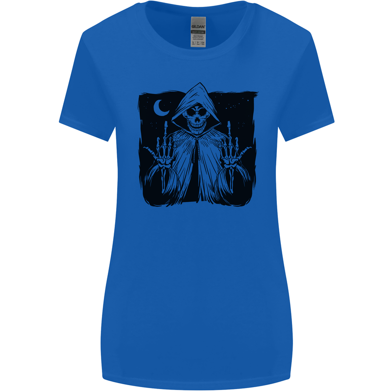 Grim Reaper Finger Flip Skull Biker Funny Womens Wider Cut T-Shirt Royal Blue