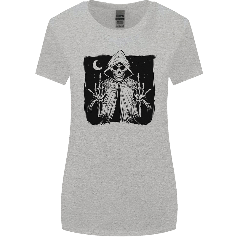 Grim Reaper Finger Flip Skull Biker Funny Womens Wider Cut T-Shirt Sports Grey