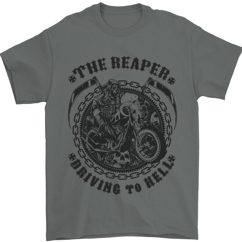 Grim Reaper Motorbike Motorcycle Biker Mens T-Shirt Cotton Gildan Charcoal