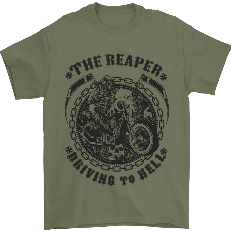 Grim Reaper Motorbike Motorcycle Biker Mens T-Shirt Cotton Gildan Military Green